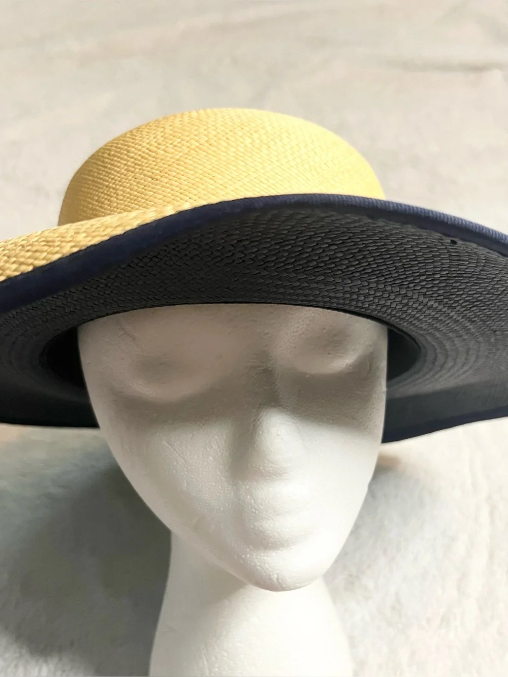 Vintage Charter Club Yellow Straw Sun Hat with Navy Blue Edge and Under Side